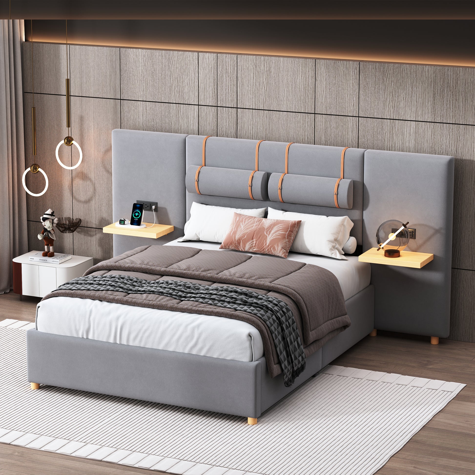 Full Size Upholstered Platform Bed With Two Outlets And Usb Charging Ports On Both Sides, Two Bedside Pillows, Storage Shelf, Velvet,Gray Full Gray Mdf Lvl