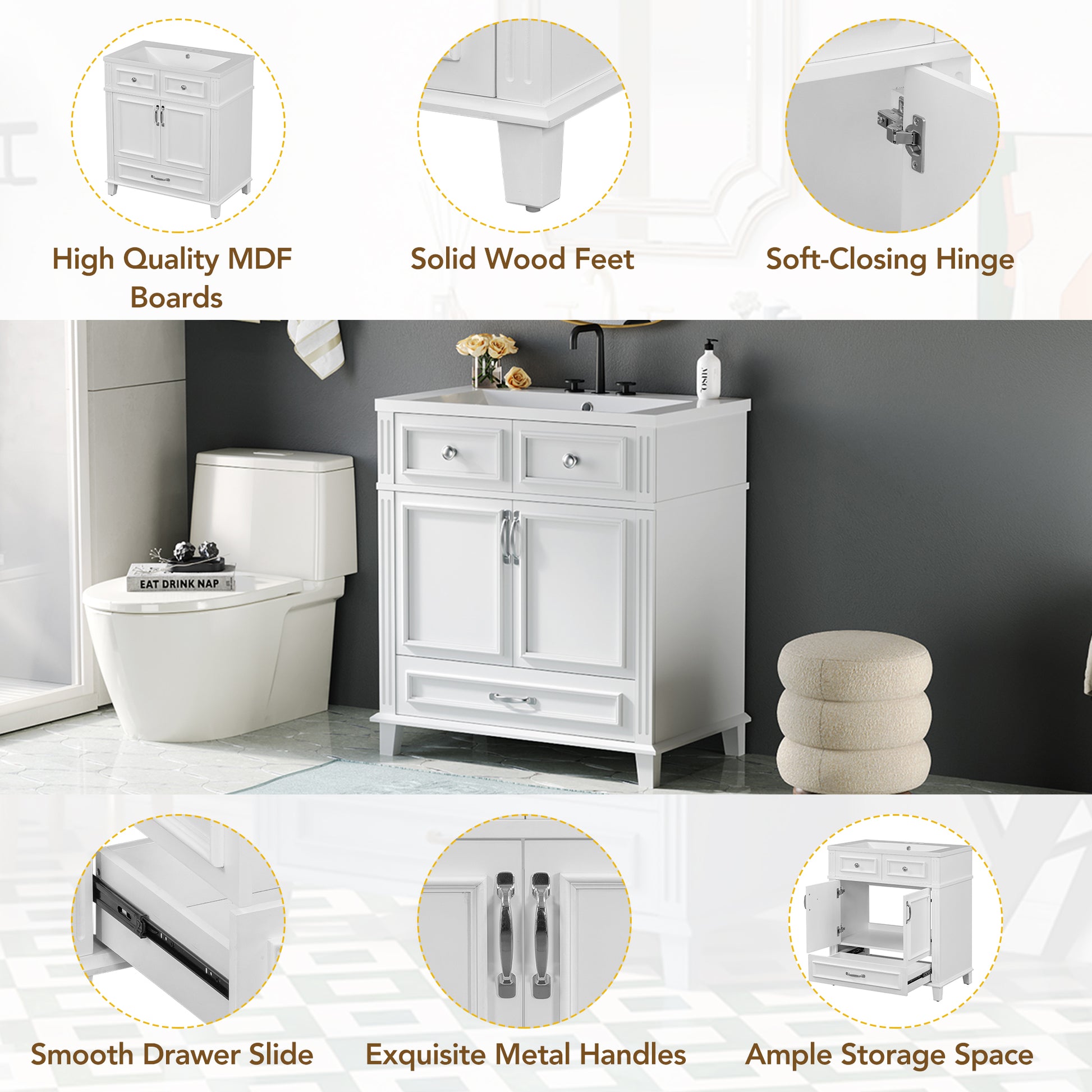 30'' Bathroom Vanity With Resin Sink, Solid Wood Frame Bathroom Storage Cabinet With Soft Closing Doors, Retro Style, White Same As Sw000118Aak White Bathroom Modern Solid Wood Mdf Resin