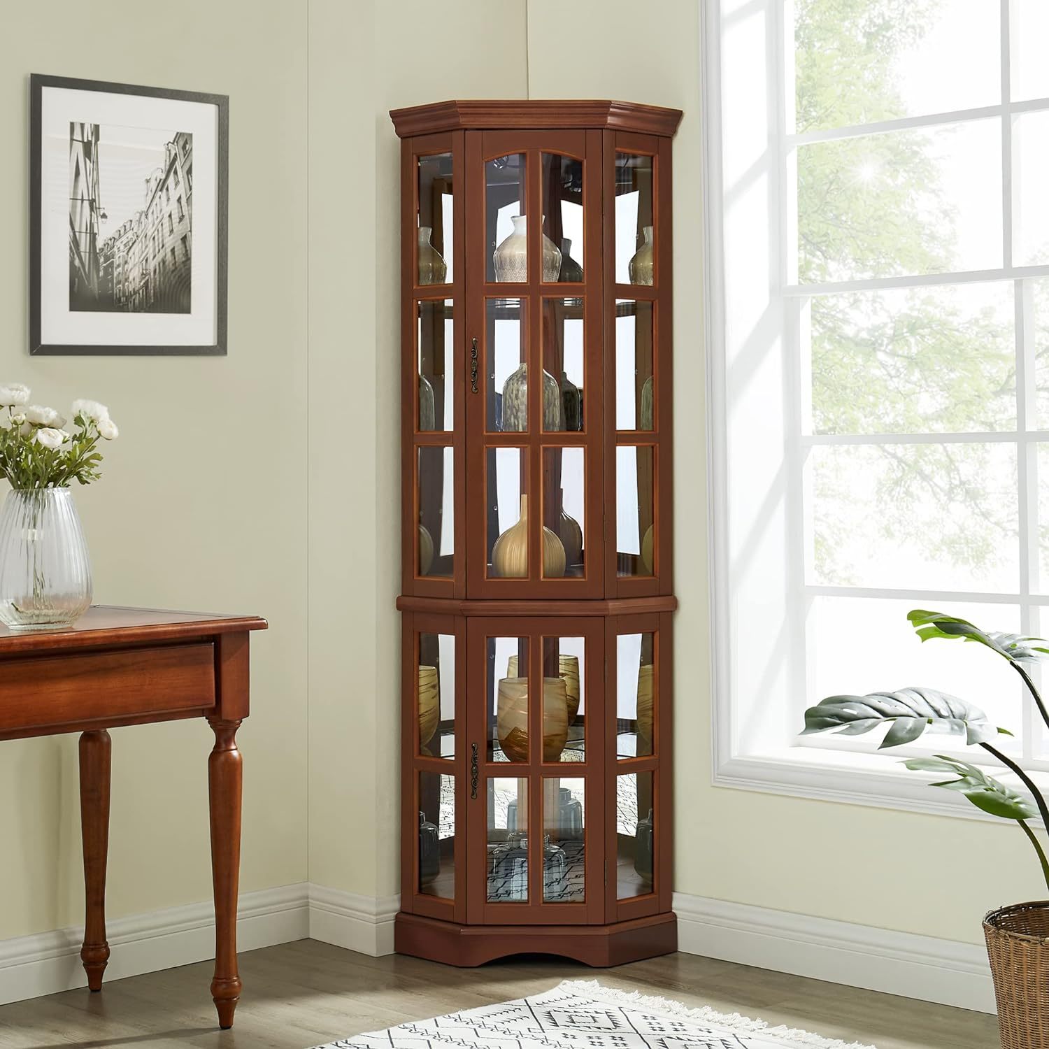 Corner Curio Cabinet With 5 Shelves And Lighting