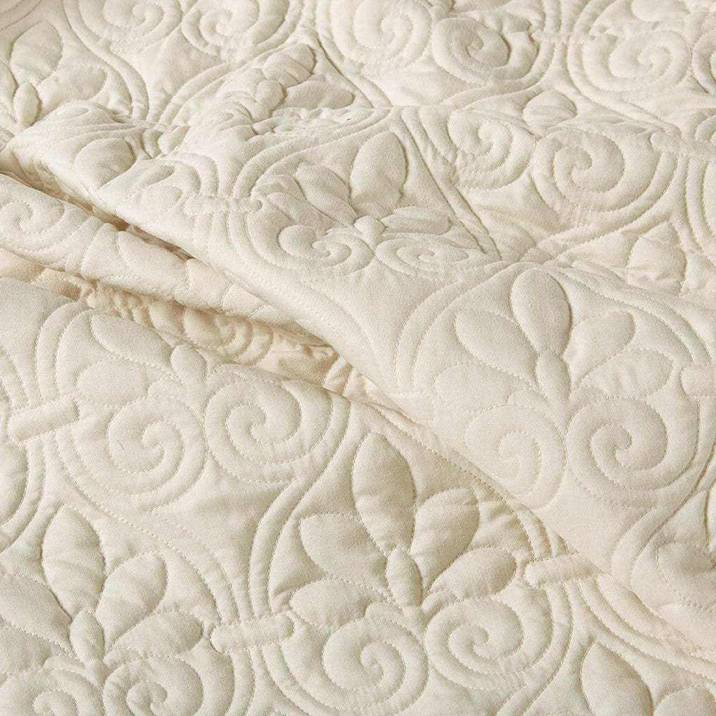 3 Piece Split Corner Pleated Quilted Bedspread Cream King Cream Polyester