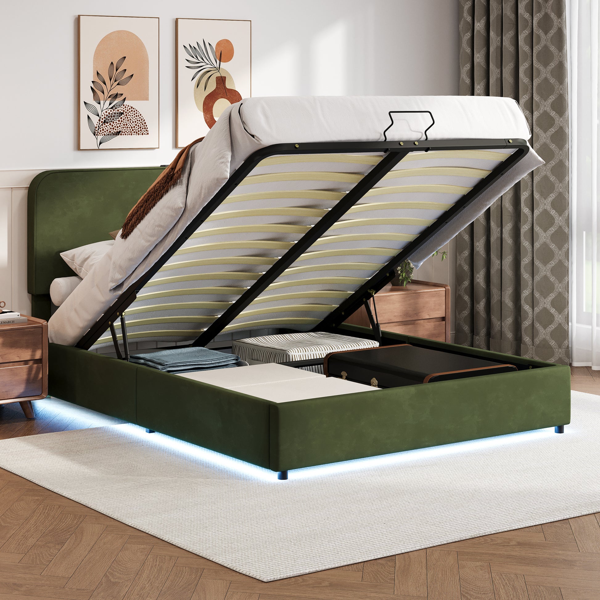 Upholstered Platform Full Size Hydraulic Storage Bed, Lift Up Storage Bed With Rgb Led Light, Bluetooth Speaker, No Box Spring Needed, Lychee Velvet, Green Full Green Velvet Fabric Metal