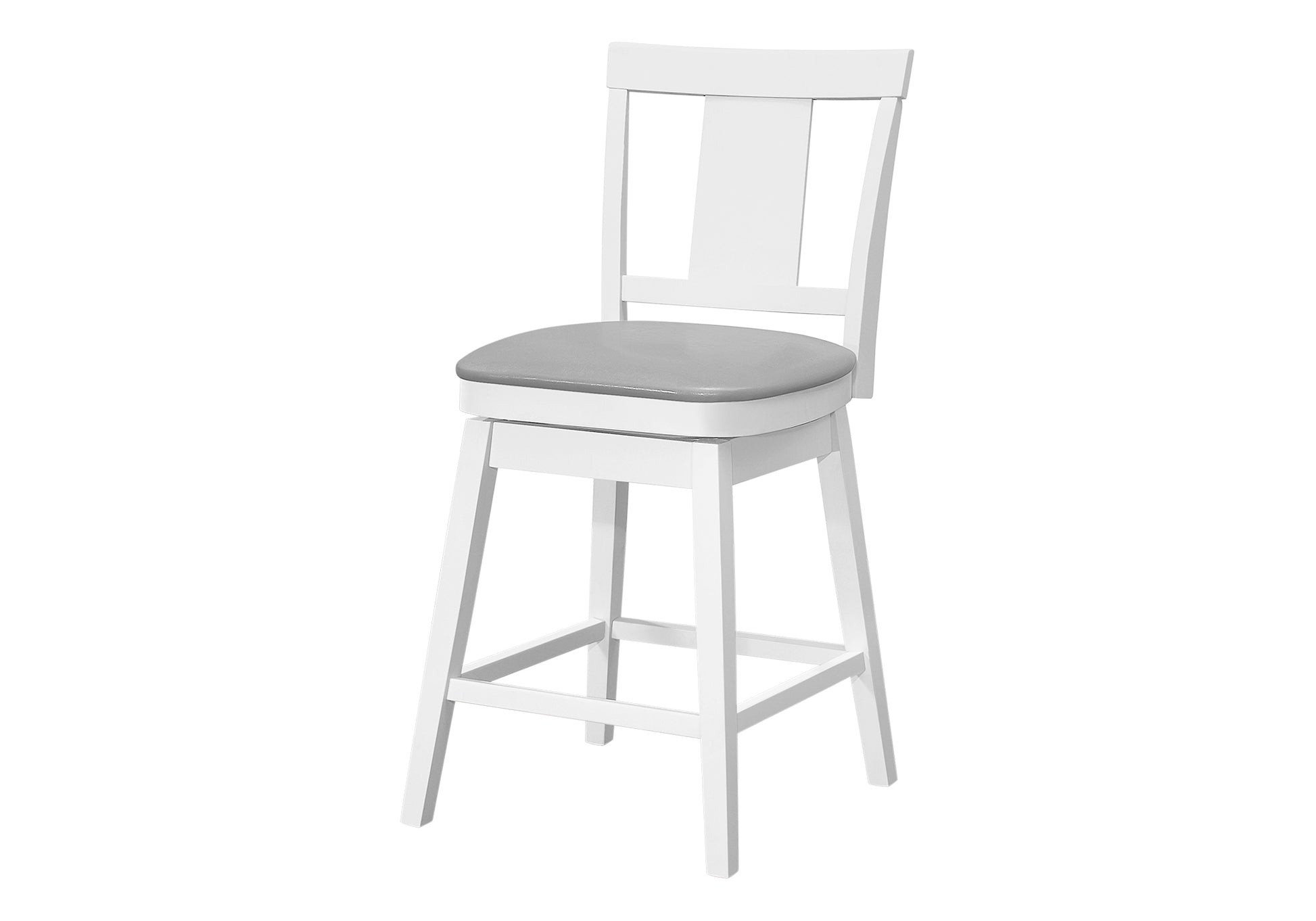 Bar Stool, Set Of 2, Swivel, Counter Height, Kitchen, White Wood, Grey Leather Look, Transitional White Foam Solid Wood