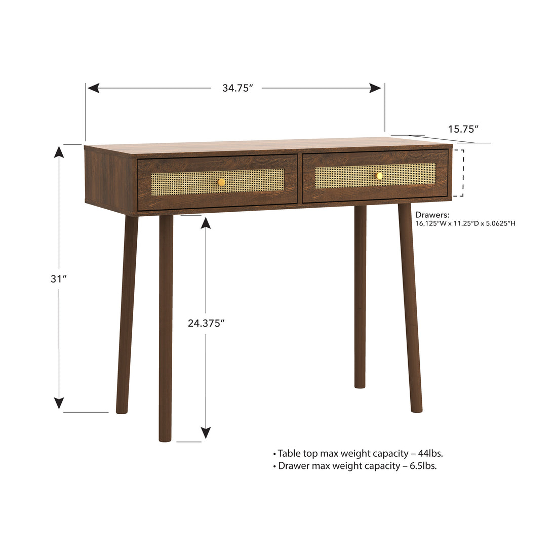 Bohemian Table, 2 Natural Rattan Drawers In Walnut Brown Mdf