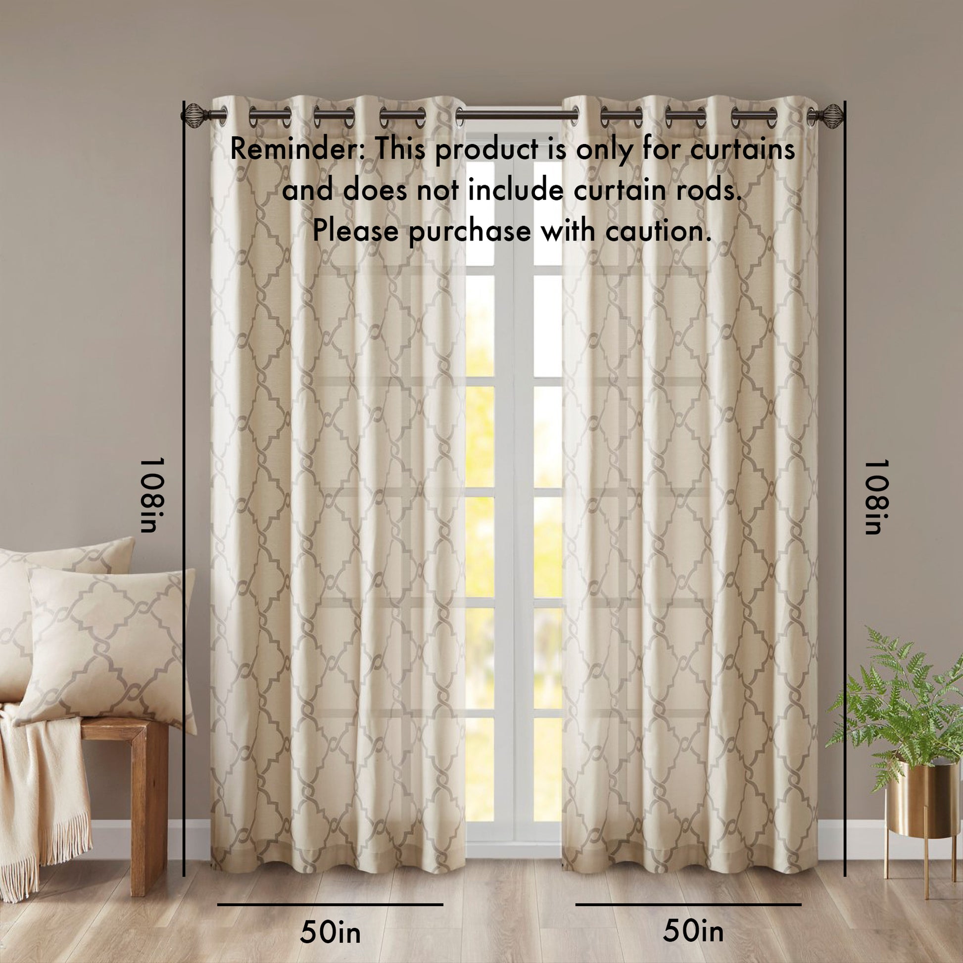 Fretwork Print Grommet Top Window Curtain Panel Only 1 Pc Panel Beige Grey Polyester