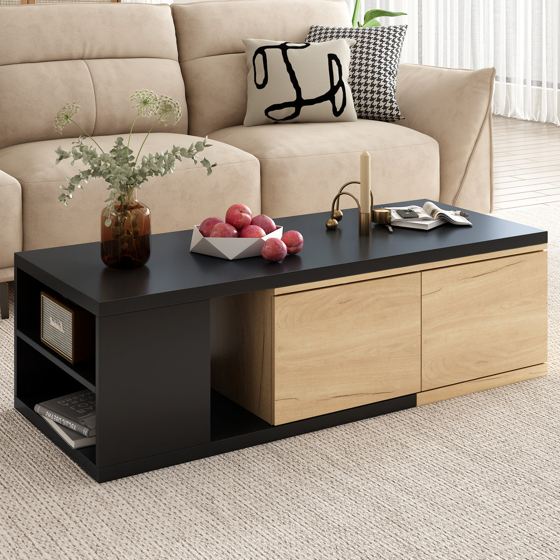 47.2'' 57''W Extendable Coffee Table With 2 Storage Drawers, Dual Tone Wood Center Table With Extendable Sliding Tabletop, Multi Functional Hidden Storage Sofa Table For Living Room, Black Black Primary Living Space Drawers Rectangular Particle Board Mdf