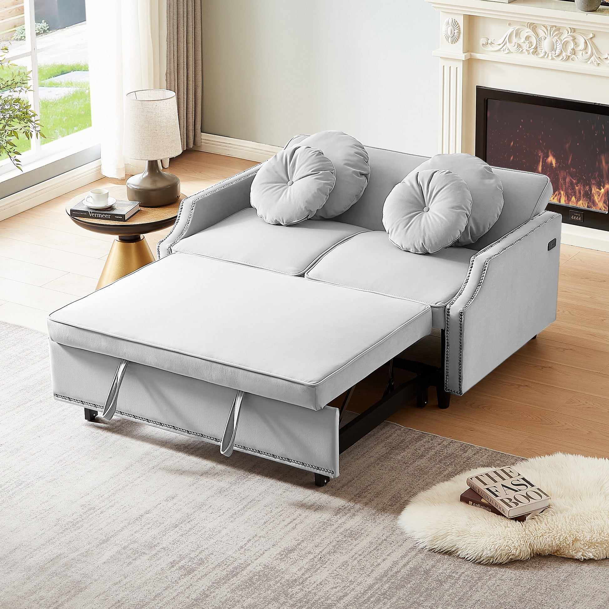 54.7" Multiple Adjustable Positions Sofa Bed Stylish Sofa Bed With A Button Tufted Backrest, Two Usb Ports And Four Floral Lumbar Pillows For Living Room, Bedroom,Or Small Space, Light Grey Light Grey Foam Polyester 2 Seat