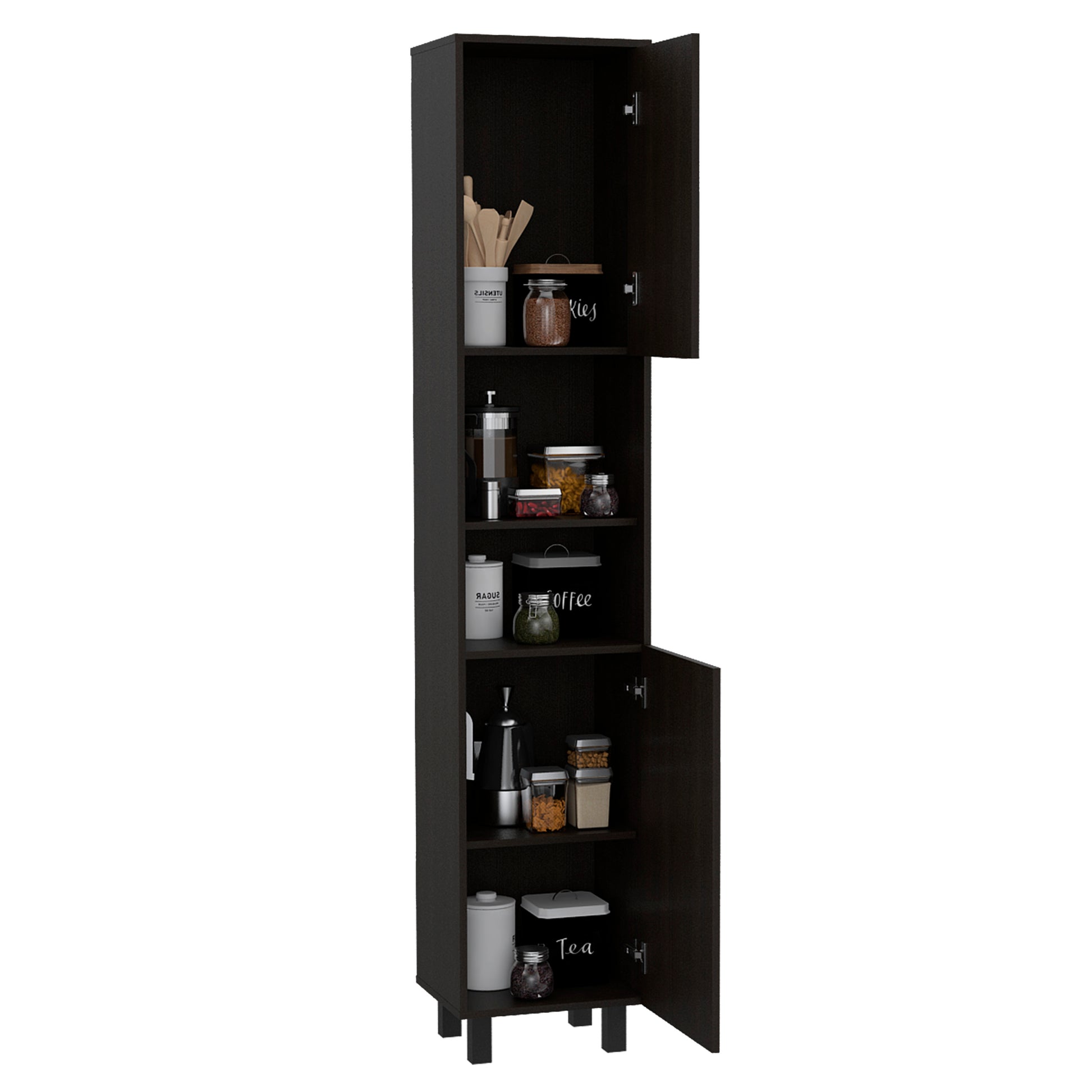 Hobart Pantry, Four Legs, Three Interior Shelves, Two Shelves, Two Cabinets Black Freestanding 3 4 Shelves Black Shelves Included Modern Particle Board Particle Board