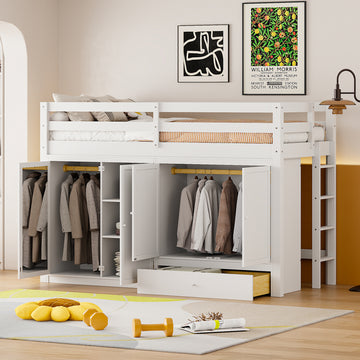 Twin Size Loft Bed With Drawer, Two Wardrobes And Mirror, White White Solid Wood Mdf