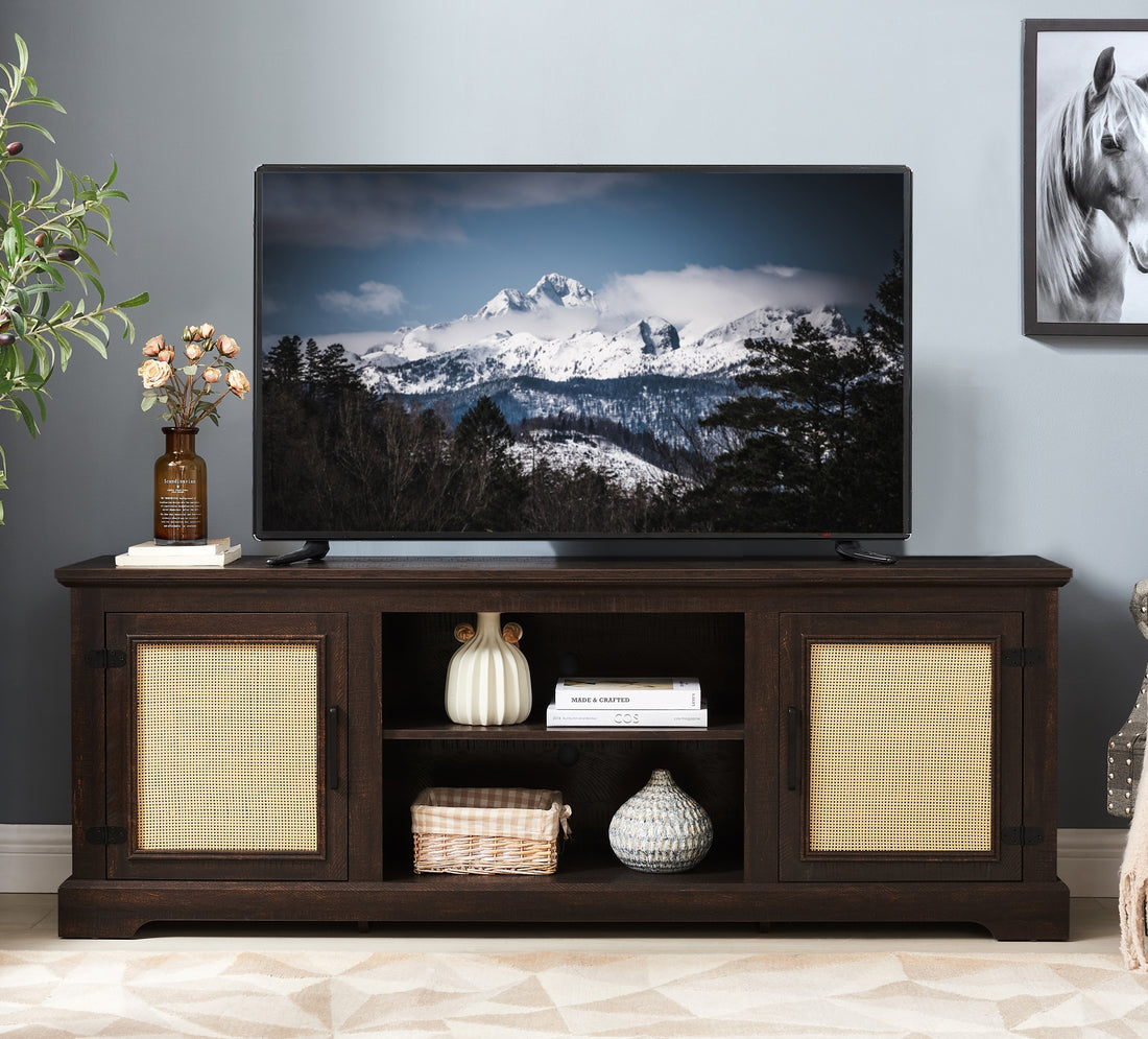 Farmhouse Rattan Tv Stand Console Table For Tvs Up To 70 Inches, Tv Console Table With 2 Storage Shelves, 2 Natural Rattan Door Cabinets, 65"W*15.55"D*23.86"H, Espresso Espresso 60 69 Inches Mdf