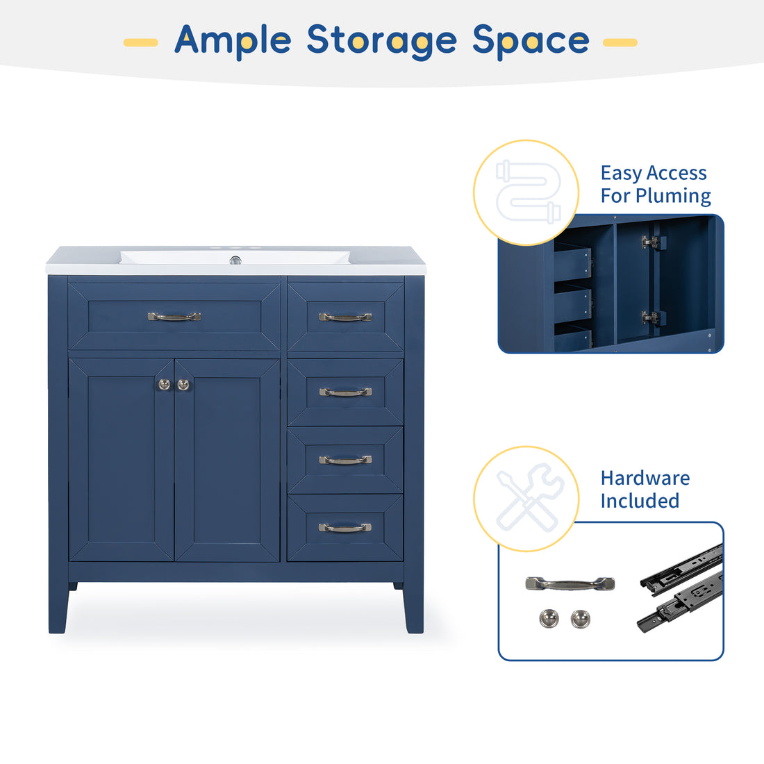 36" Bathroom Vanity Without Sink, Cabinet Base Only, Bathroom Cabinet With Drawers, Solid Frame And Mdf Board, Blue Blue Solid Wood Mdf