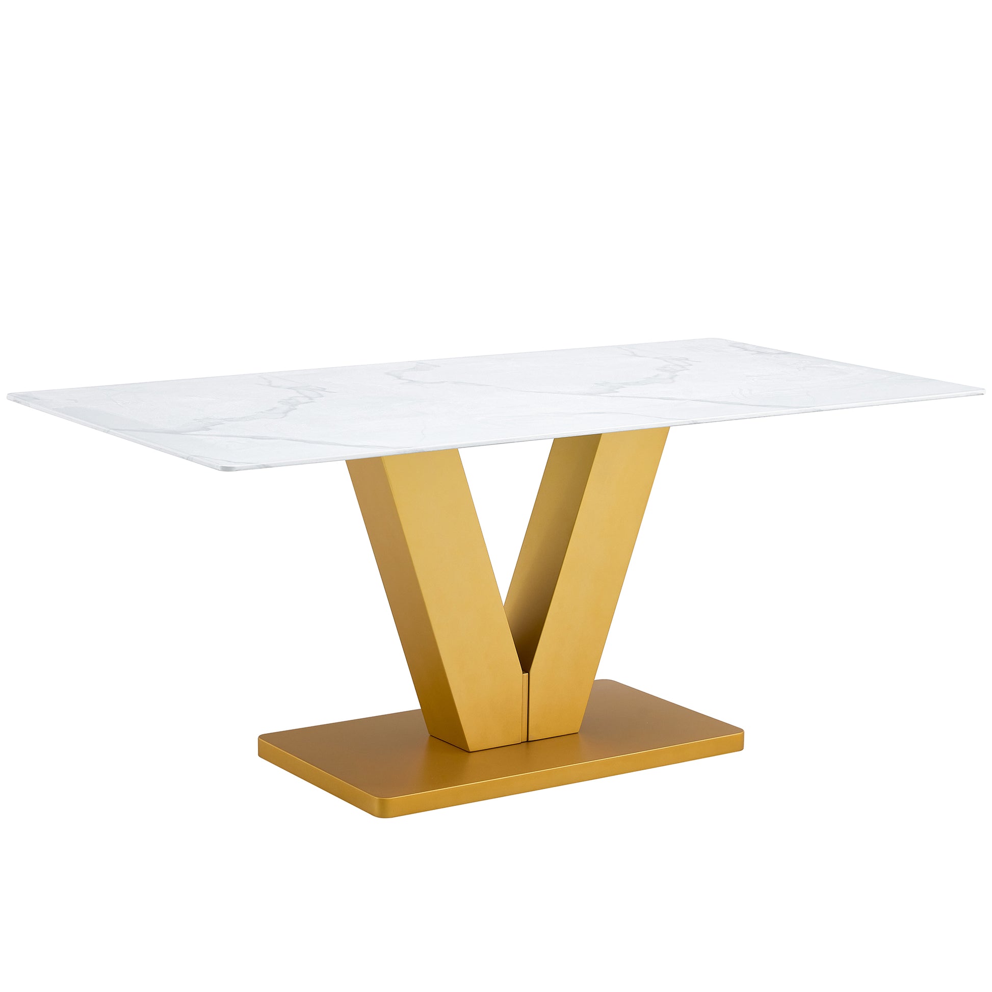 Marble Style White Dining Table For 4 8 People With 0.4 "Table Top And V Shaped Gold Mdf Table Legs Ideal For Kitchens, Dining Rooms, Living Rooms And Banquet Halls Gold Mdf Glass