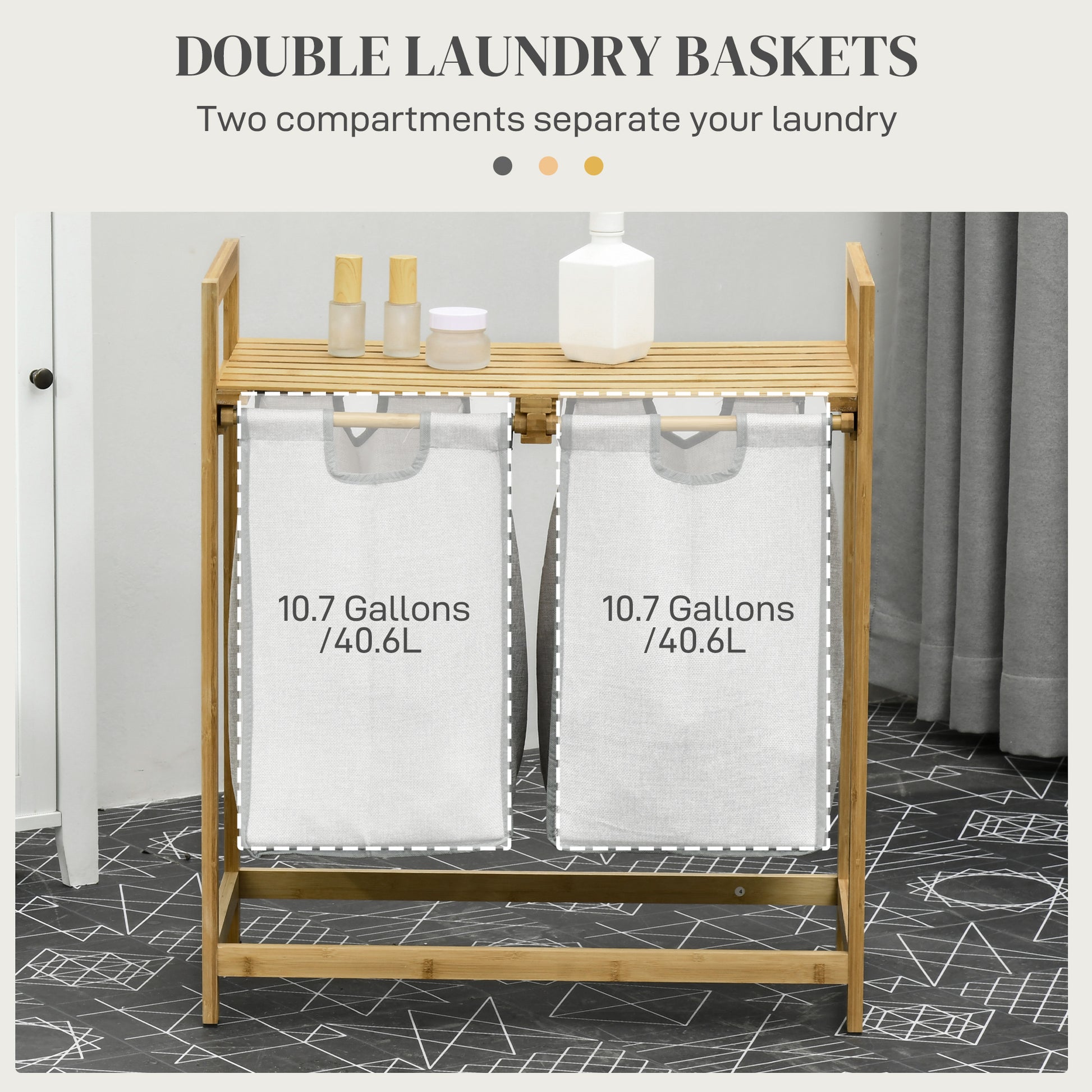 Homcom Double Laundry Hamper 2 Section Bamboo Laundry Basket With Storage Shelf 2 Pull Out And Removable Bags For Bedroom Bathroom Laundry Room 2 X 10.7 Gallons Natural Wood And Dark Gray Natural Wood Bamboo