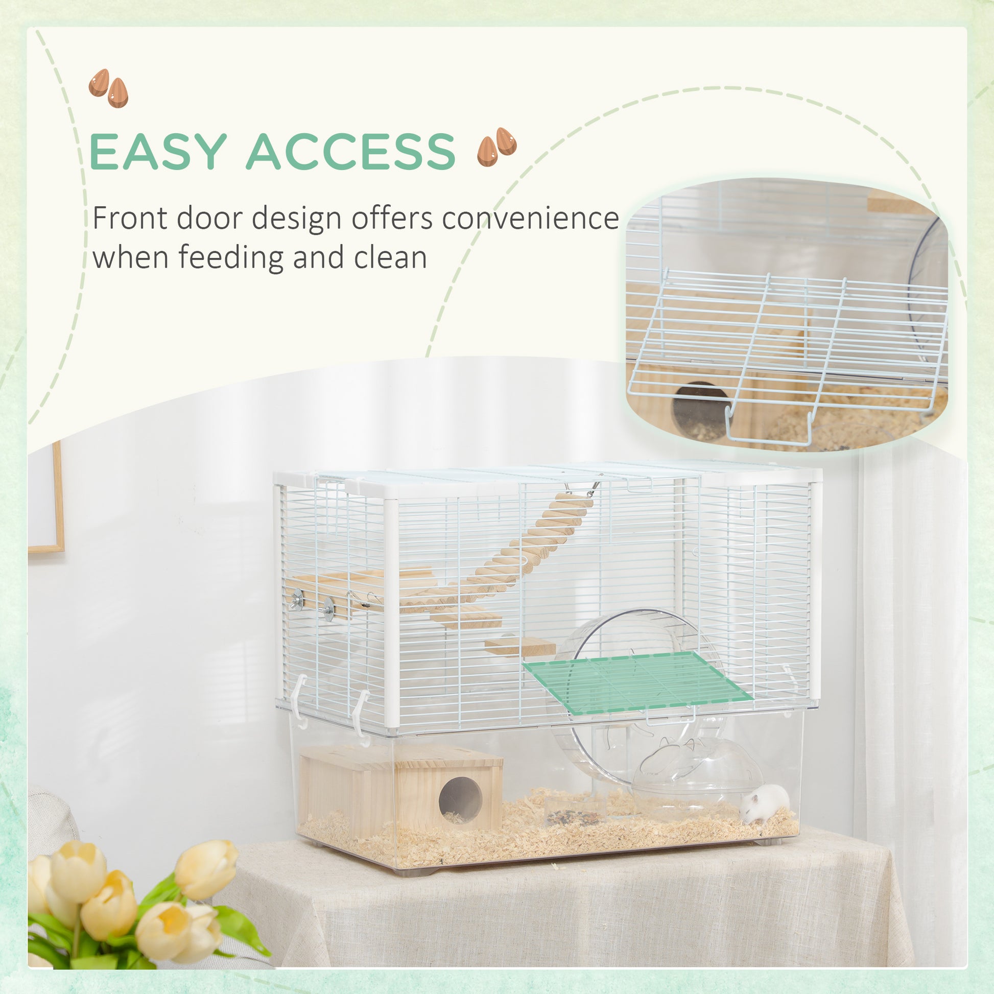 Pawhut Hamster Cage, Transparent Gerbil Cage For Hamsters And Gerbils With Deep Bottom, Wooden Ramp, Hut, Bathroom And Exercise Wheel, 23.25" X 14" X 18.5", White White Steel