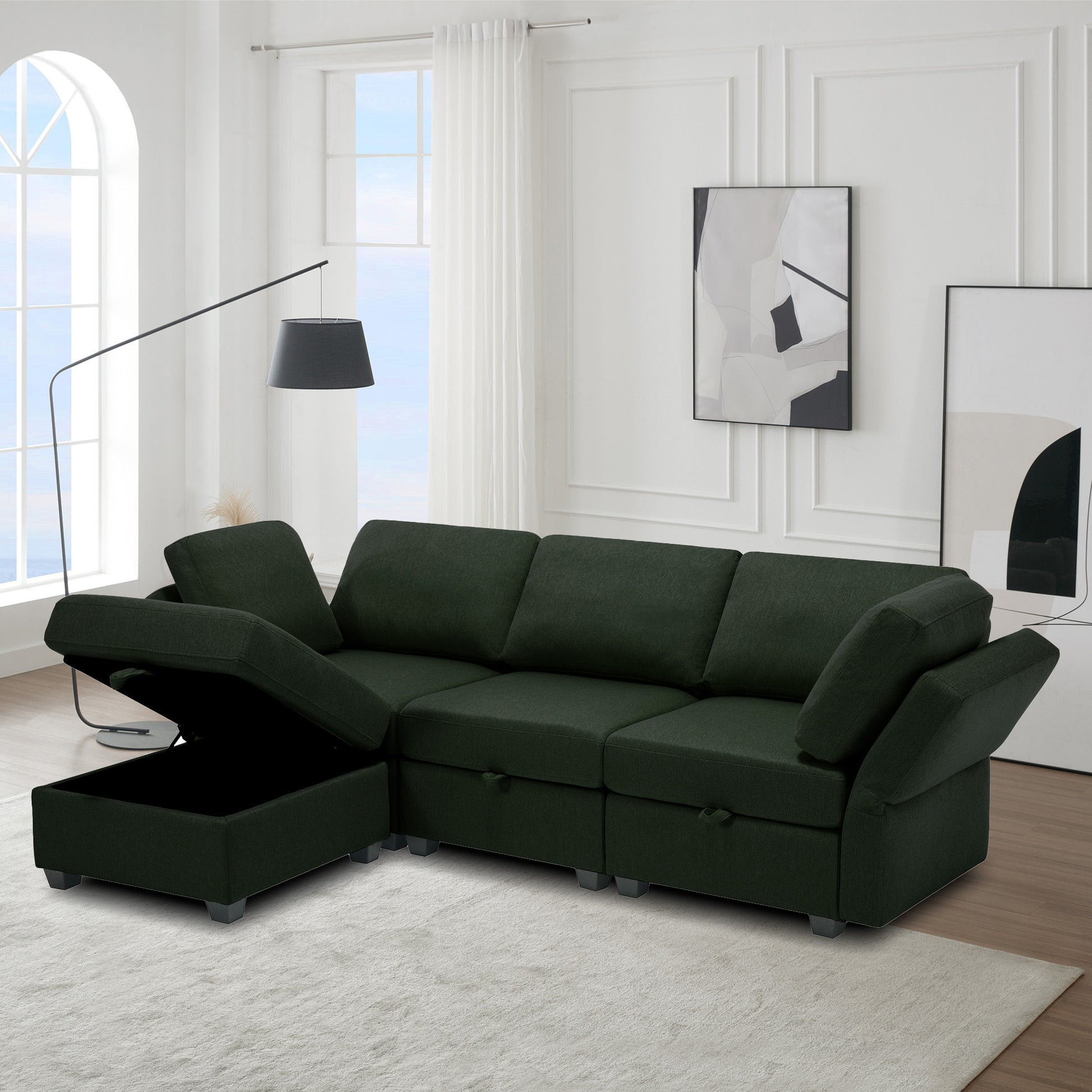 Convertible Sectional Sofa With Chaise, L Shaped Sofa Couch Modular Sectional Sofa With Storage Seats, Adjustable Arms And Backs Green Green Polyester 3 Seat