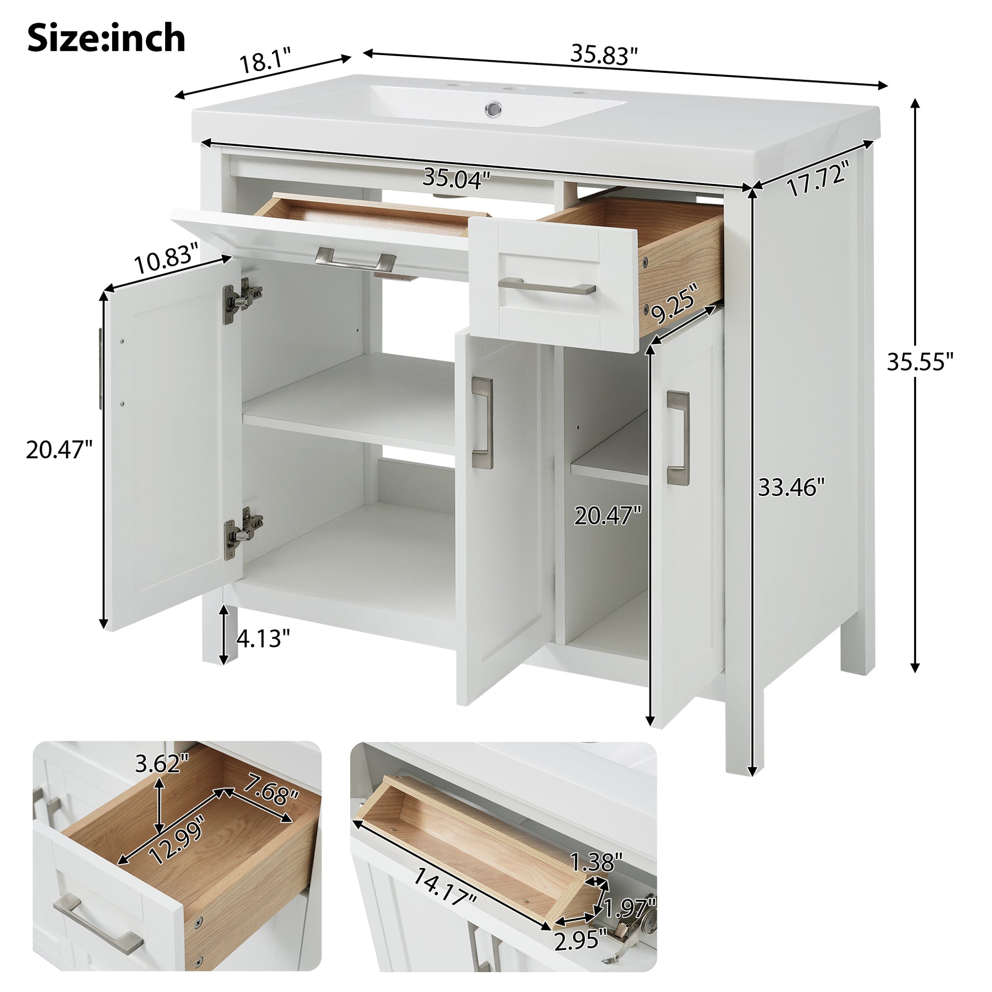 36" White Bathroom Vanity Cabinet With Resin Integrated Sink 2 Drawers, 3 Doors White Bathroom Solid Wood Mdf Resin