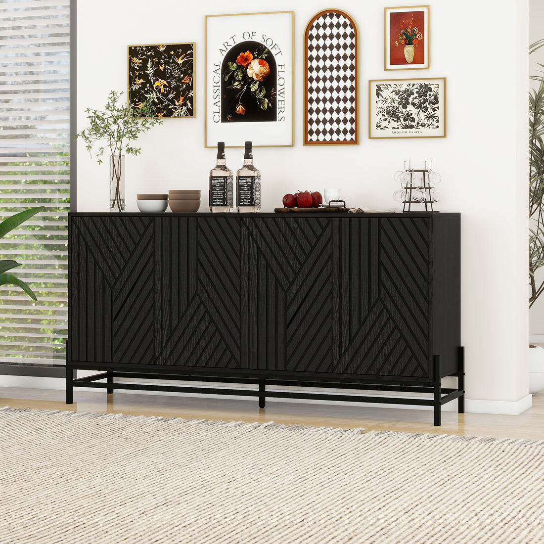 Carved 4 Door Sideboard ,Sideboard Buffet Cabinet With Storage ,Storage Cabinet With Adjustable Shelf For Living Room,Bedroom ,Diningroom Black Modern Mdf