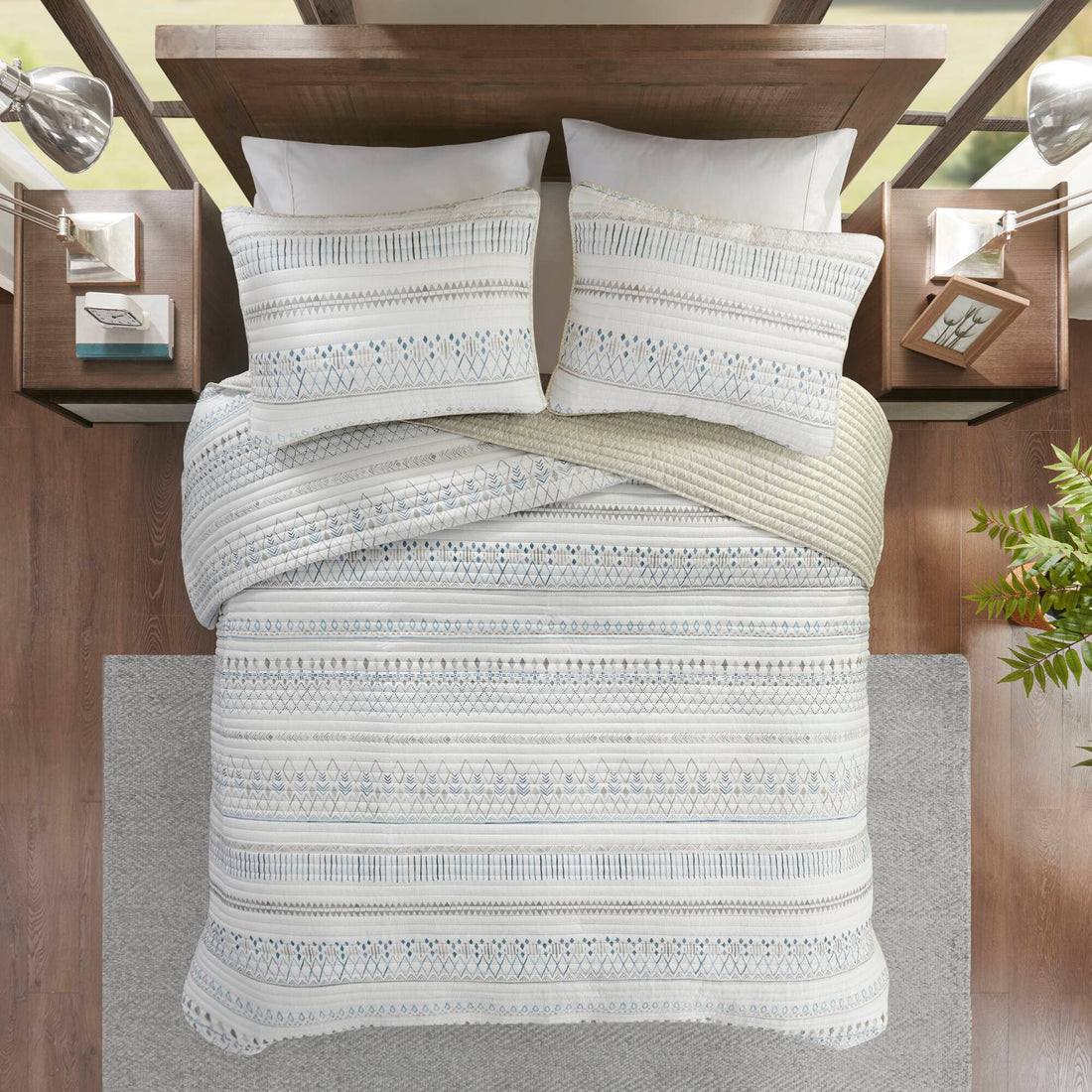 3 Piece Printed Microfiber Seersucker Quilt Set Taupe Blue Full Queen Full Taupe Blue Polyester