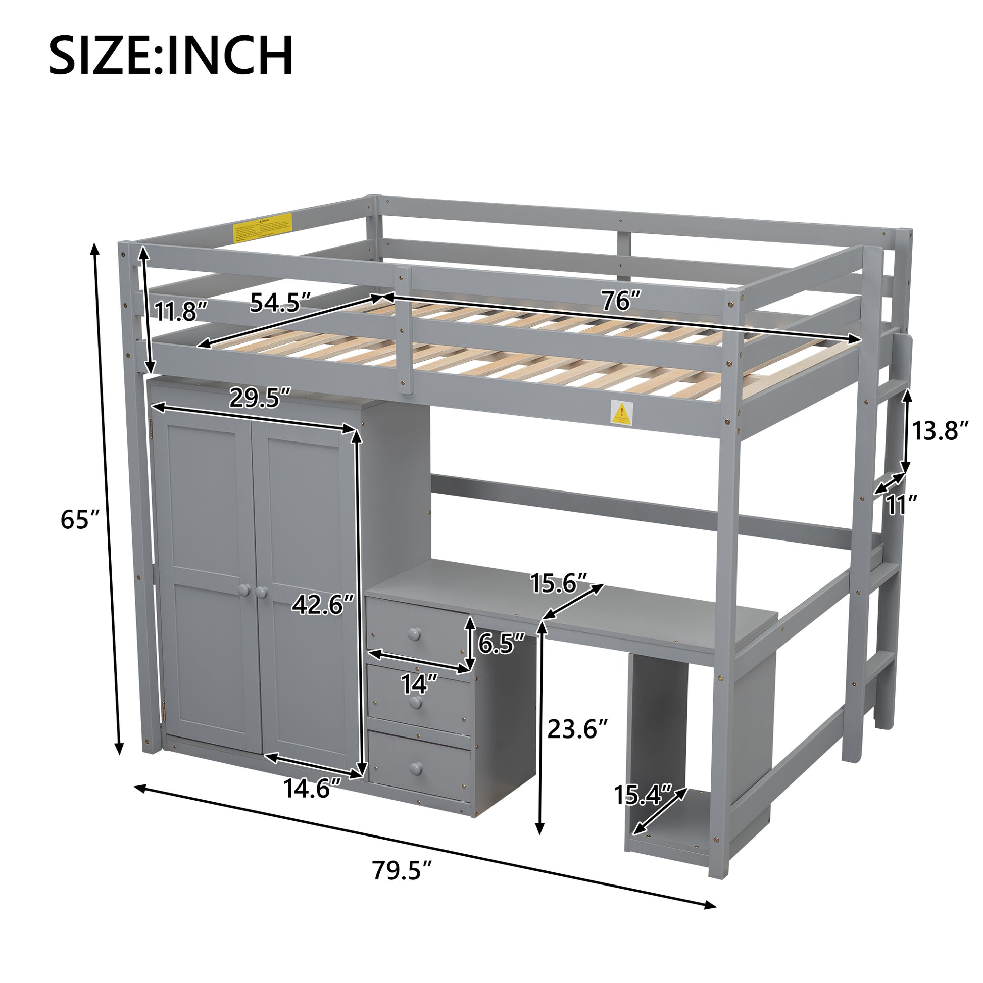 Full Size Loft Bed With Wardrobe, Desk And Storage Drawers, Gray Full Gray Pine