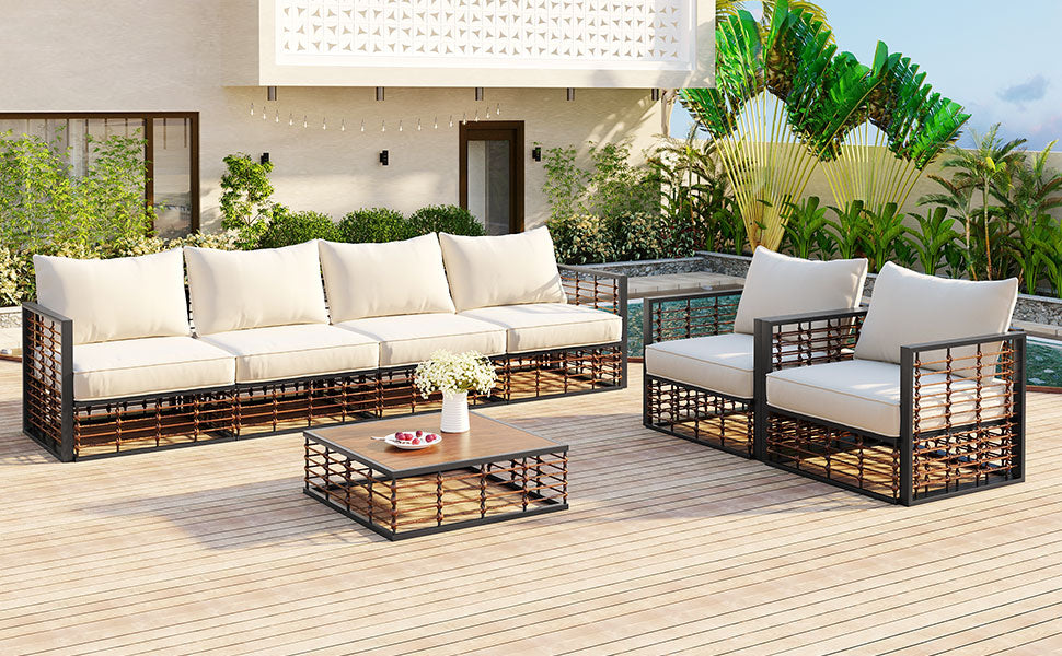 Modern Minimalist 7 Piece Metal Patio Sectional Sofa Set, All Weather Garden Conversational Furniture Set With Thick Cushions And Coffee Table For Indoor Outdoor, Gray Yes Deep Seating White Weather