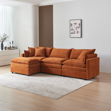 Modular L Shaped Sectional Sofa With Ottoman, Chenille Fabric Sofa Couch, Comfy Upholstered Furniture For Living Room, Apartment, Studio, Office Orange Wood Medium Soft Foam Chenille 4 Seat