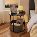 Small Round Side End Table For Living Room, Modern Nightstand Bedside Table With Fabric Basket For Bedroom Nursery, Side Table With Steel Frame Black & Grey Grey Stainless Steel