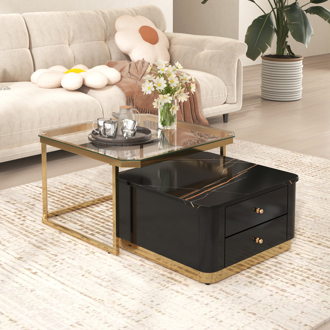 Modern 2 Pieces Black Square Nesting Coffee Table With Drawers & Electroplated Gold Legs In 27.6'' Golden Black Drawers Coffee & End Tables Glossy Square Mdf Glass Mdf Pedestal