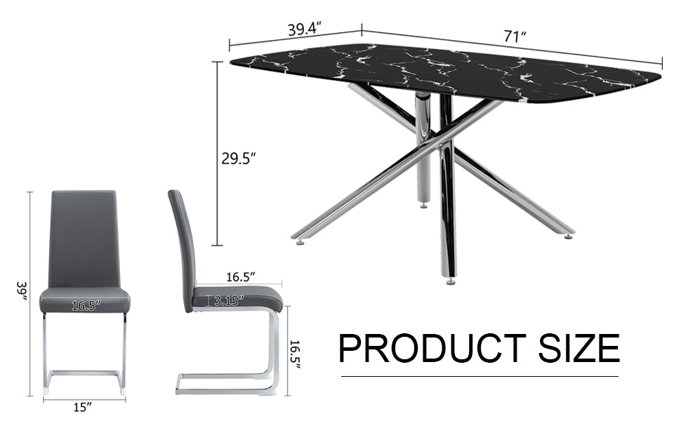 Table And Chair Set, Large Modern Minimalist Rectangular Dining Table, 0.39 Inch Black Imitation Marble Tabletop And Silver Metal Legs, Soft Leather Seats. F 1537 Silver Glass Metal