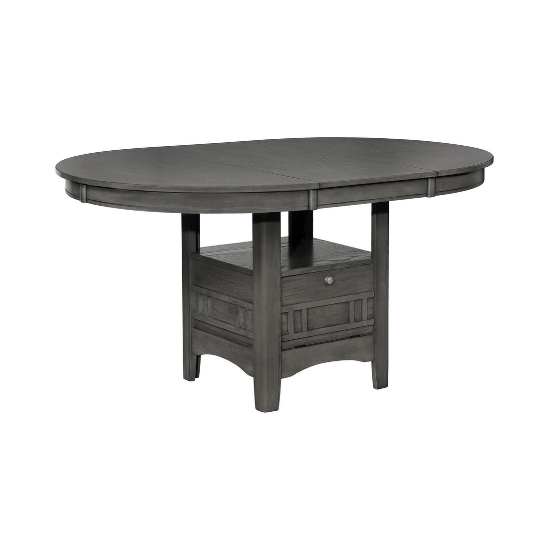 42 60 Inch Extendable Oval Dining Table, Shelf, Closed Storage, Smooth Gray Gray Wood