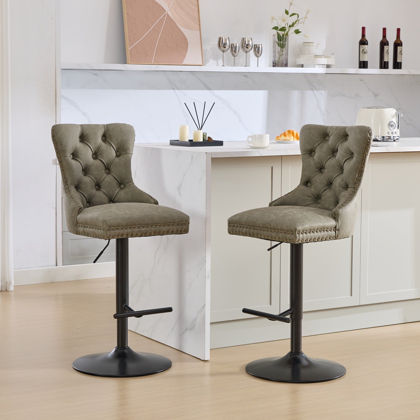 Aged And Retro Pu Swivel Barstools Adjusatble Seat Height From 25 33 Inch, Modern Bar Stools With Backs Comfortable Tufted For Home Pub And Kitchen Island Olive Green,Set Of 2 Olive Green American Design Bar Stools Set Of 2 Foam Pu Leather