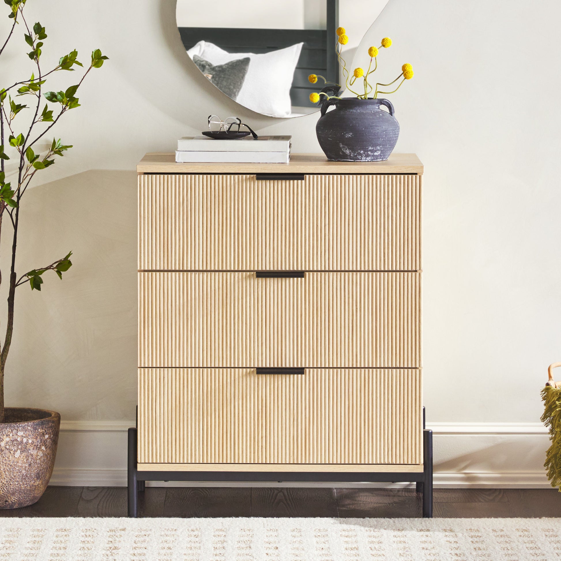 Mid Century 3 Drawer Chest With Reeded Drawer Fronts, Coastal Oak Light Brown Mdf Mdf