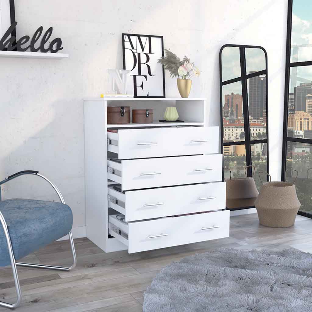 Four Drawer Dresser, Superior Top, One Open Shelf, White White Solid W Four Drawer Dresser, Superior Top, One Open Shelf, White White Solid W