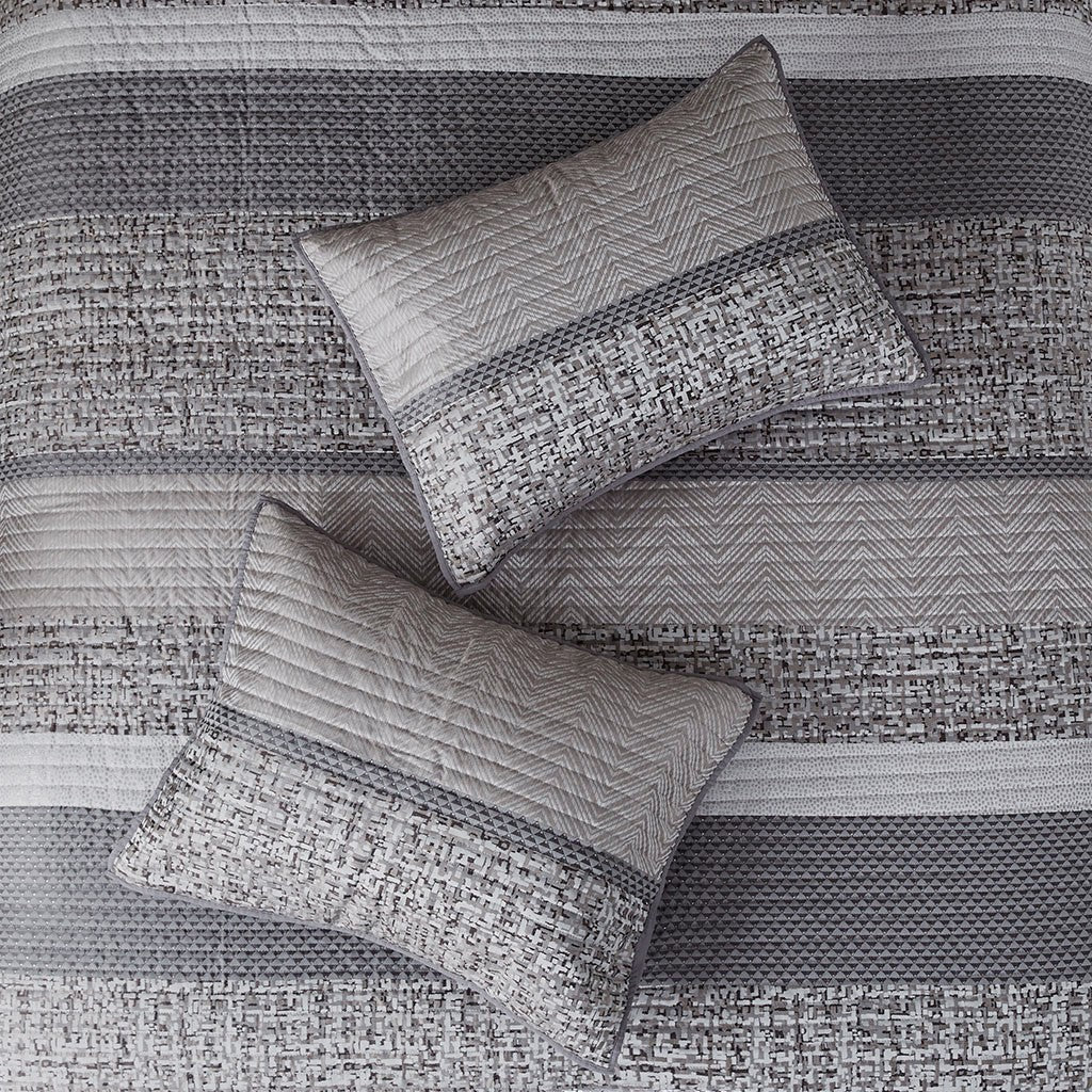 6 Piece Reversible Jacquard Quilt Set With Throw Pillows Grey Taupe Full Queen Grey Taupe Cotton