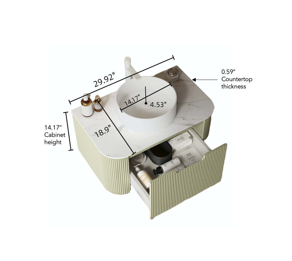 Dina 30" Bathroom Vanity With Sink, Modern Wall Mounted Floating Curved Edges Striped Bathroom Storage Cabinet With A Drawer, White Artificial Marble Basin Without Faucet, Pre Assembled, Light Green