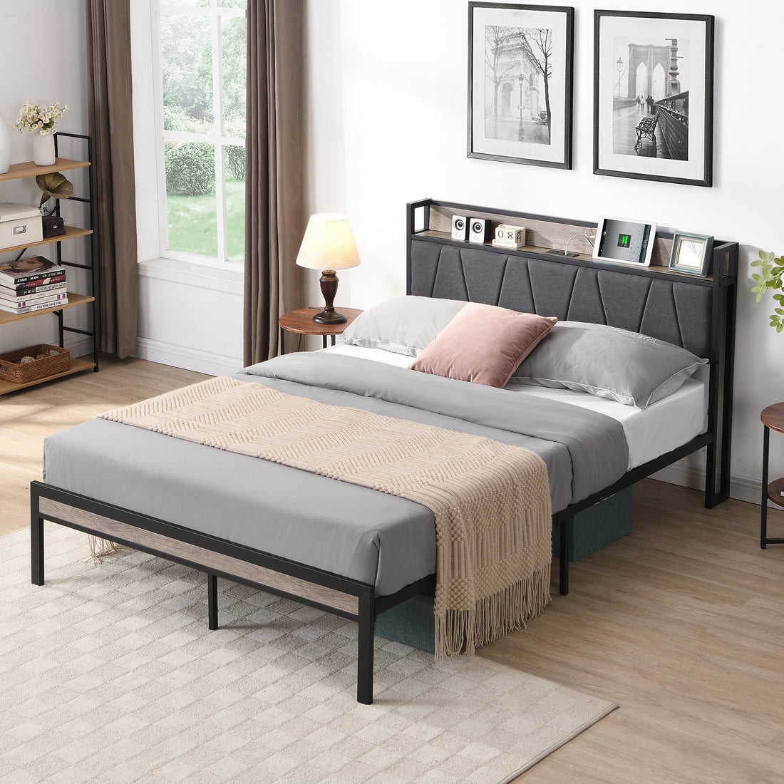 Full Size Metal Platform Bed Frame With Upholstery Storage Function Headboard And Usb Liner And Footboardno Box Spring Needed, Large Under Bed Storage, Easy Assemble Full Beige Black Metal & Wood