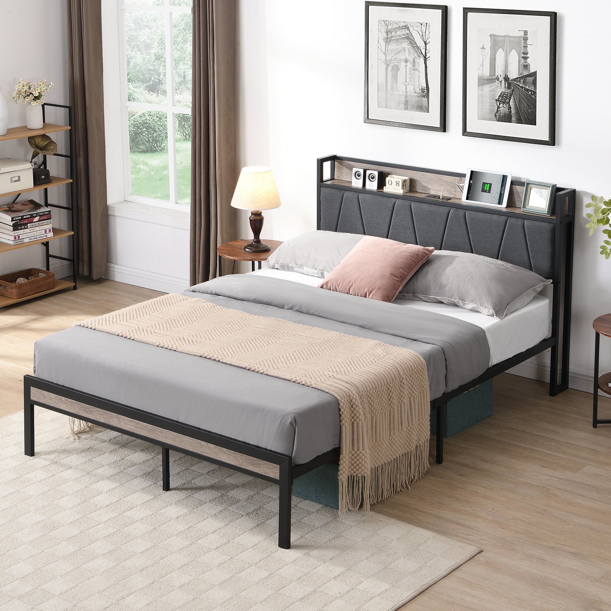 Full Size Metal Platform Bed Frame With Upholstery Storage Function Headboard And Usb Liner And Footboardno Box Spring Needed, Large Under Bed Storage, Easy Assemble Full Beige Black Metal & Wood