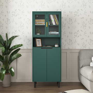 Tall Storage Show Cabinet With 2 Glass Display Door & 2 Doors, Tall Kitchen Pantry Cabinet With Gold Handles, Modern Cabinet Freestanding For Bathroom, Dining Living Room, Green Green Mdf