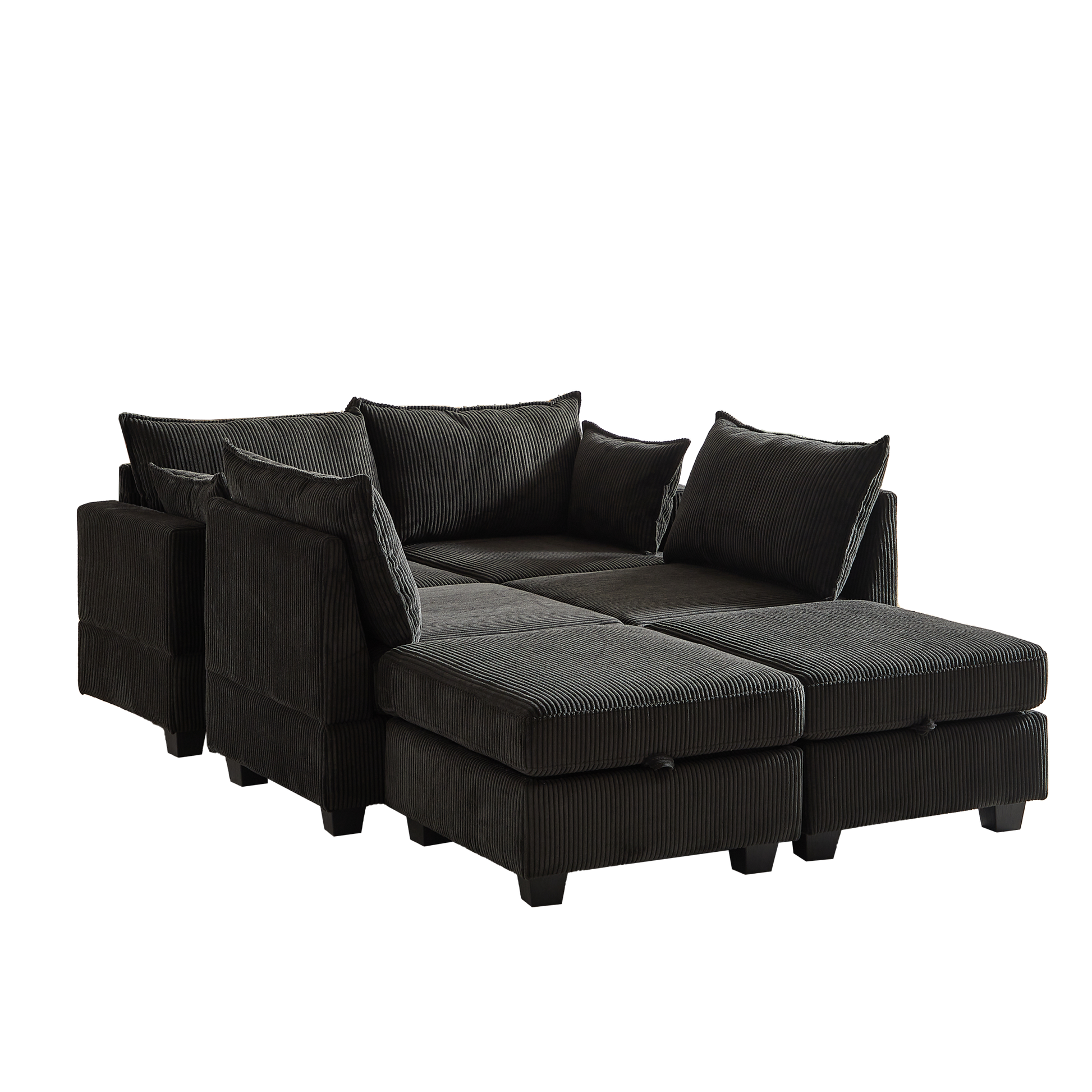 113.5'' Modular Sectiona Corduroy Sofa, Sectional Couches For Living Room U Shaped Sectional Couch With Storage Ottoman, 6 Seats Convertible Sectionals With Chaise Black Corduroy 6 Seat
