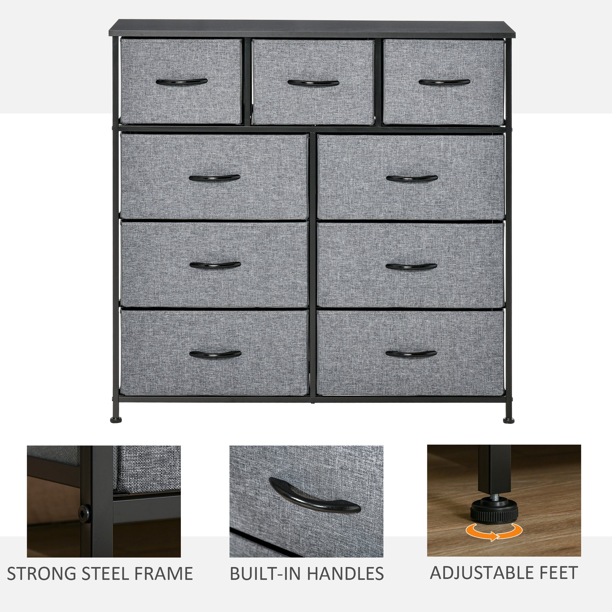 Homcom 9 Drawers Storage Chest Dresser Organizer Unit W Steel Frame, Wood Top, Easy Pull Fabric Bins, For Bedroom, Hallway, Closet, Entryway, Black & Grey Black Grey Polyester