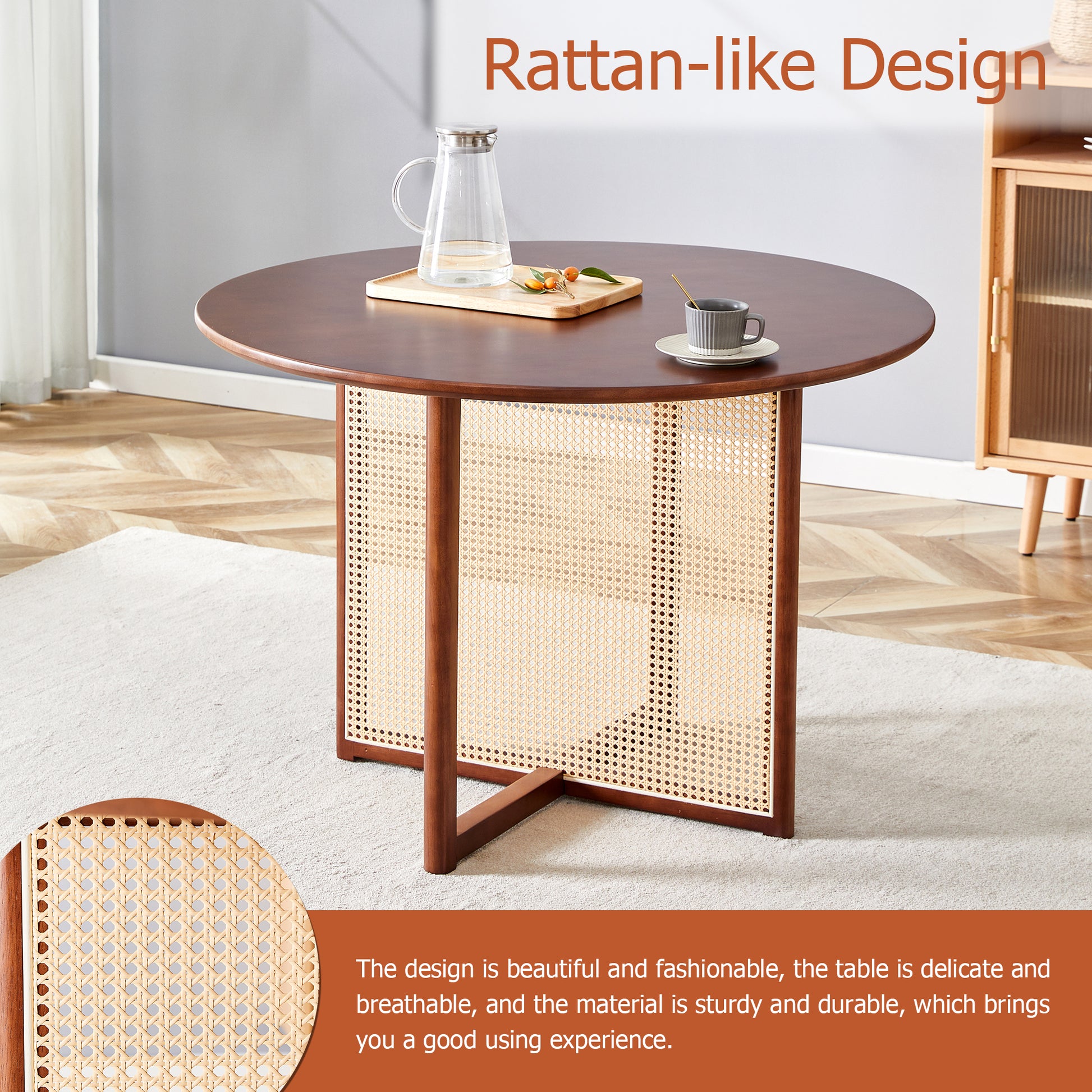 Chinese Countryside Retro Solid Wood Round Table, Simple Modern Imitation Rattan Table, Wooden Table, Desk. Suitable For Dining Room, Living Room, Office Walnut Rubber Wood