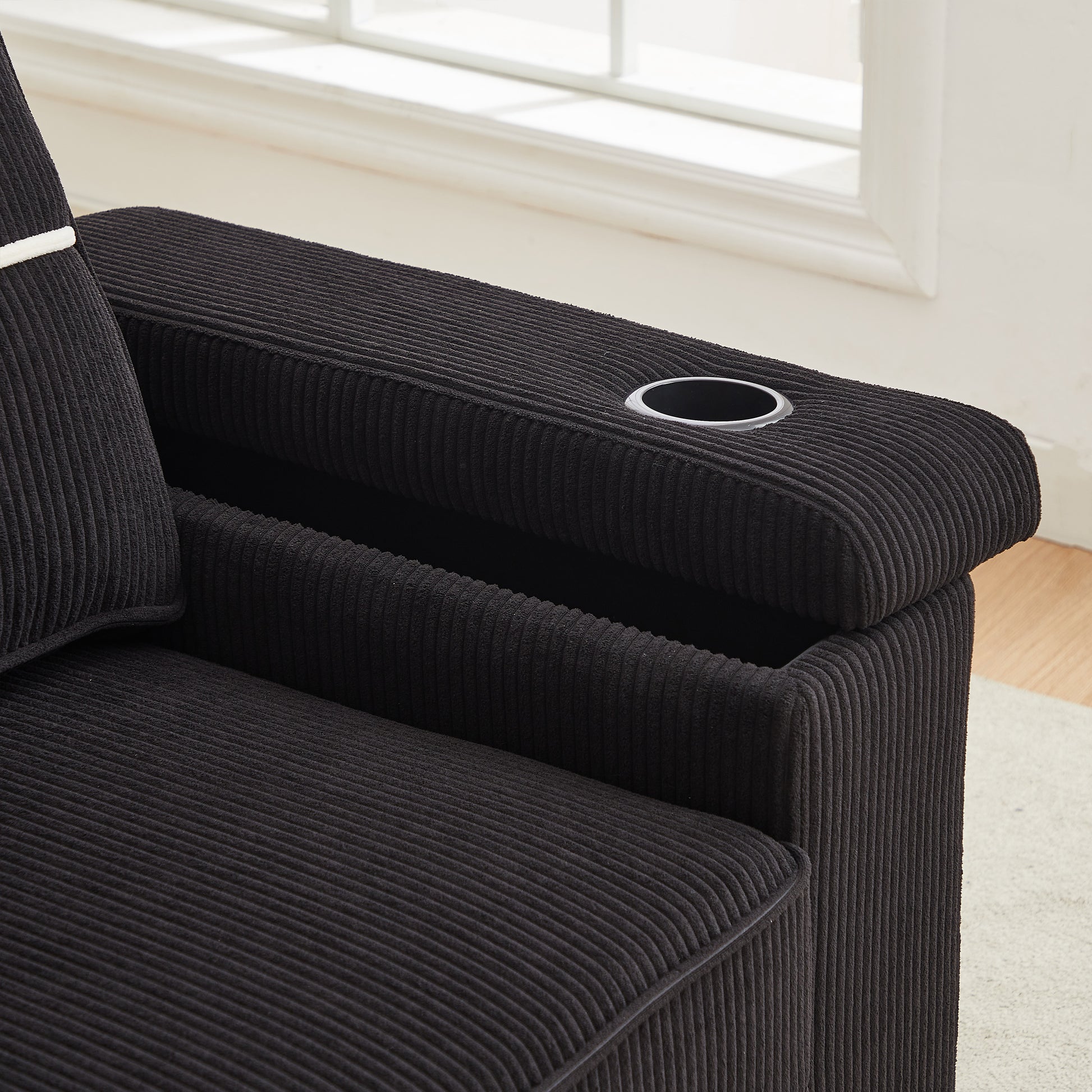 86.5 Inch Sofa Couch Deep Seat Sofa With Two Storage Spaces, T Pyce Charging Portsusb Charging Ports & 2 Cup ,Corduroy 3 Seater Couch, Modern Sofas For Living Room Black Foam Corduroy 3 Seat