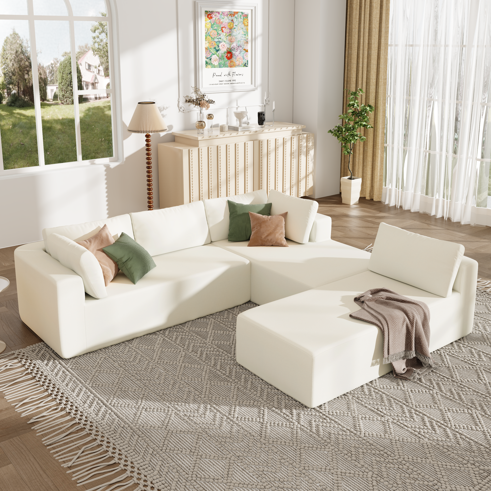 Modern Large Modular Sectional Sofa For Living Room, Bedroom, Salon, 3 Piece Free Combination Beige Polyester 3 Seat