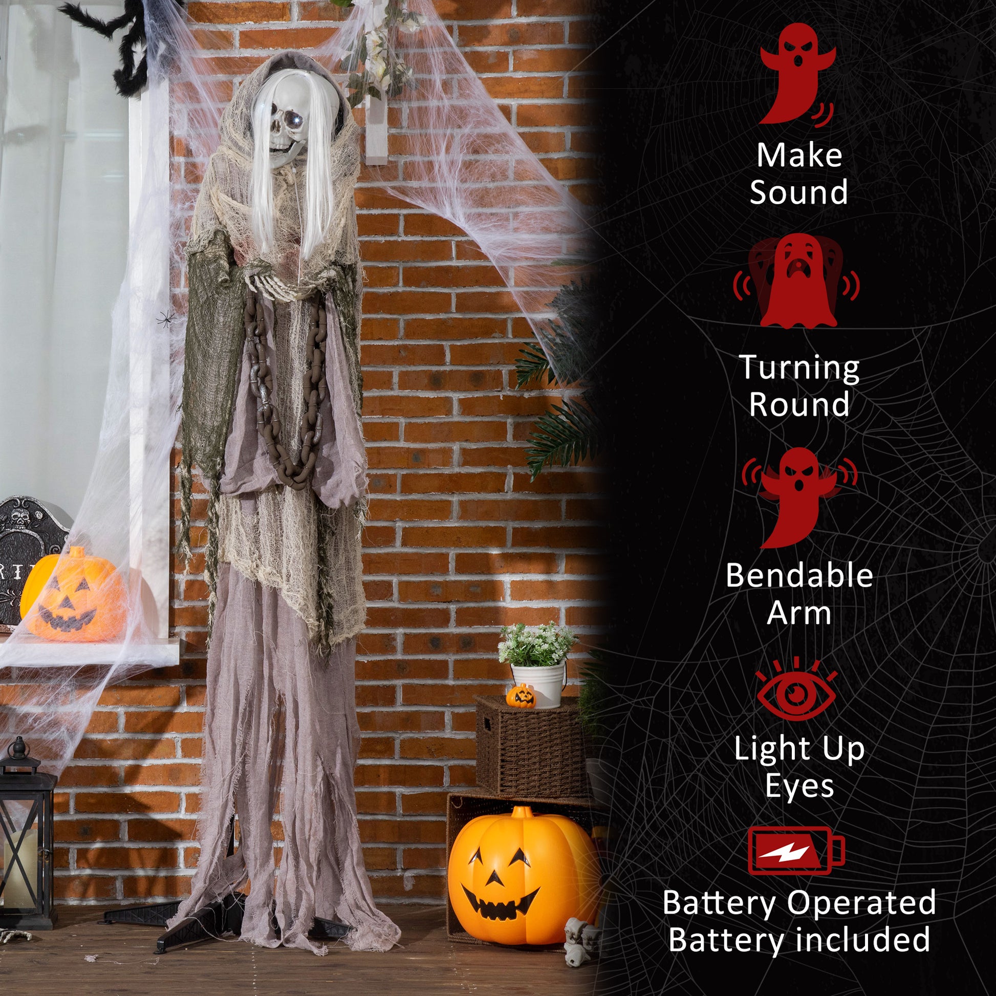 Outsunny 74" Life Size Outdoor Halloween Decorations Skeleton Witch, Sound And Motion Activated Animated Prop Animatronic D Cor With Light Up Eyes, Spooky Sound Multicolor Polyester