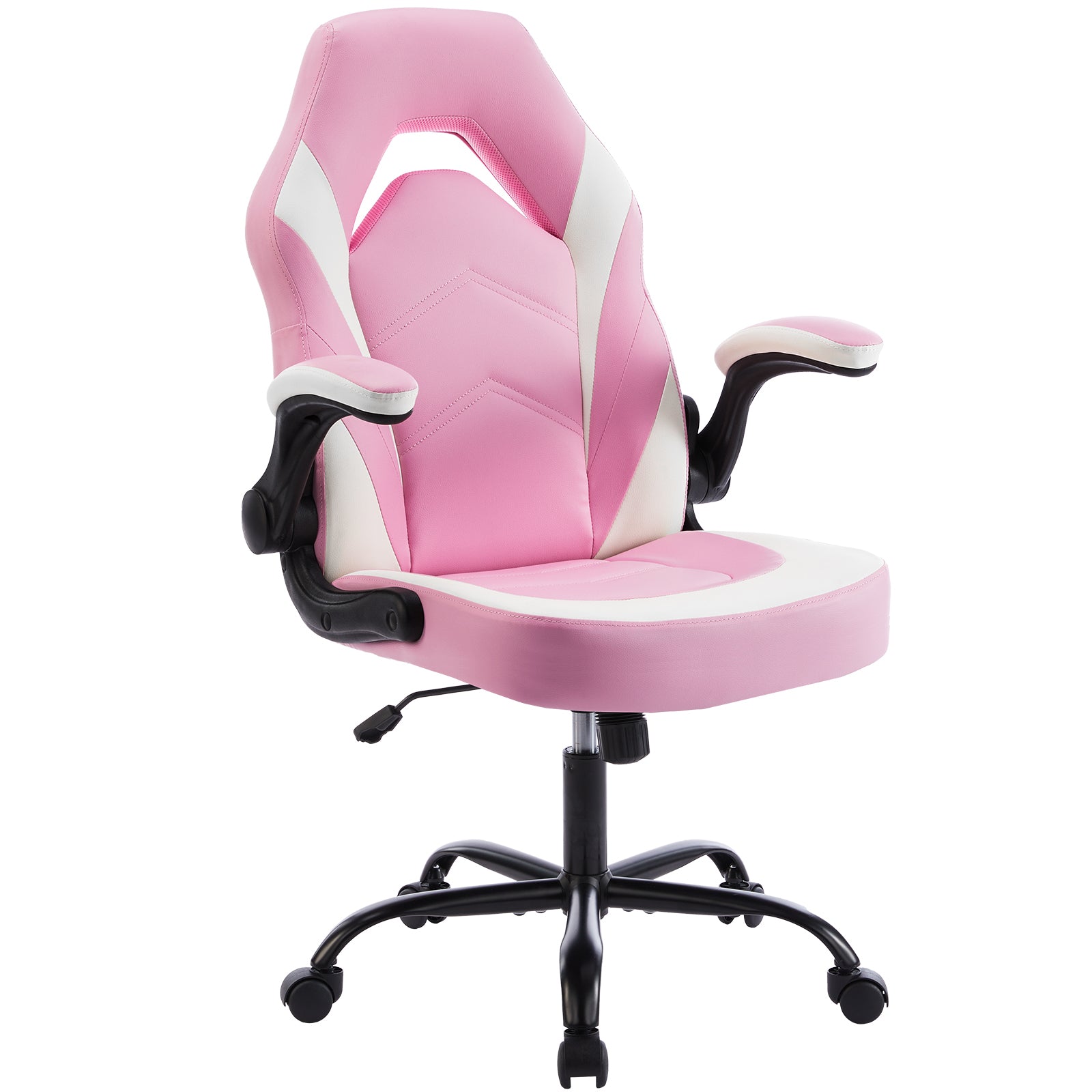 Sweetcrispy Gaming Chair Pu Leather Computer Chair Ergonomic Office Chair With Lumbar Support, Height Adjustable Rolling Desk Chairs With Flip Up Armrests Alloy Steel Pink White Bedroom Memory Foam Wipe Clean Handle Club Chair Solid Back Ergonomic Pu