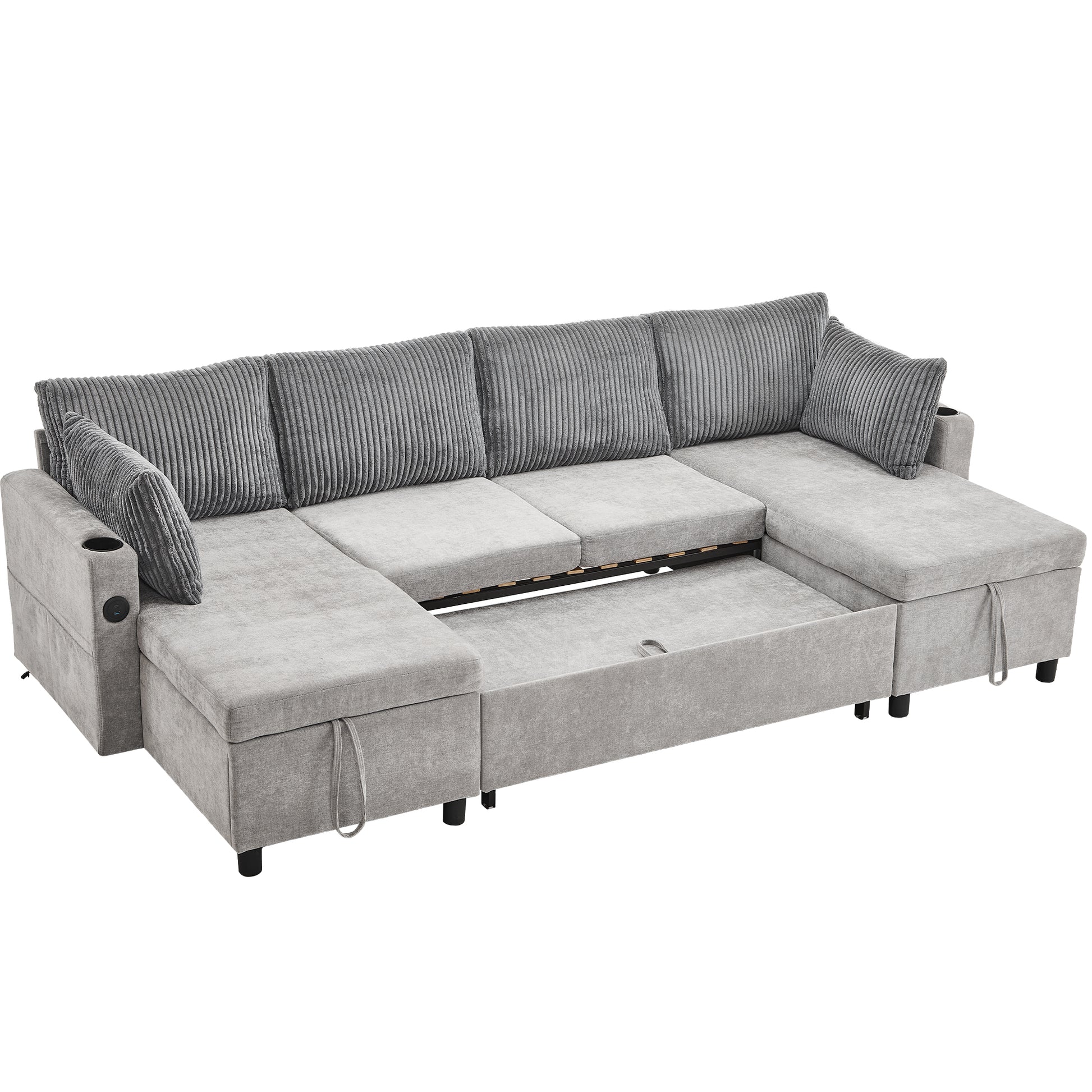 111.8" Sectional Sofa Pull Out Sofa Bed Versatile Sofa Sleeper With Large Storage Space, Two Usb Ports And Two Cup Holders For Living Room, Grey Grey Foam Chenille 4 Seat