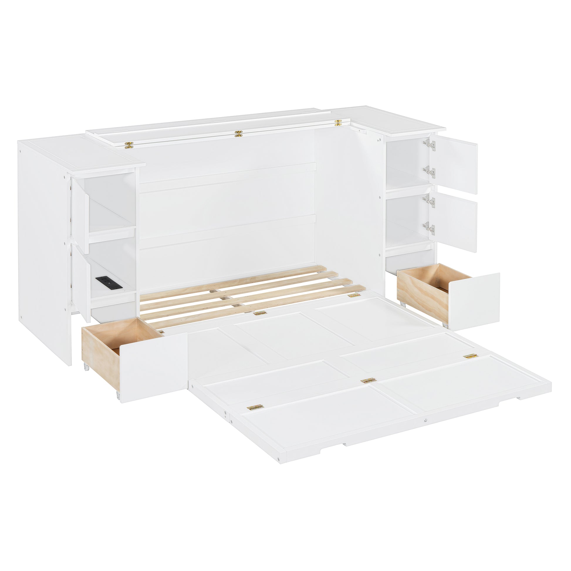 Full Size Murphy Bed With Drawers, Cabinets And Usb Ports,White Full White Mdf Lvl