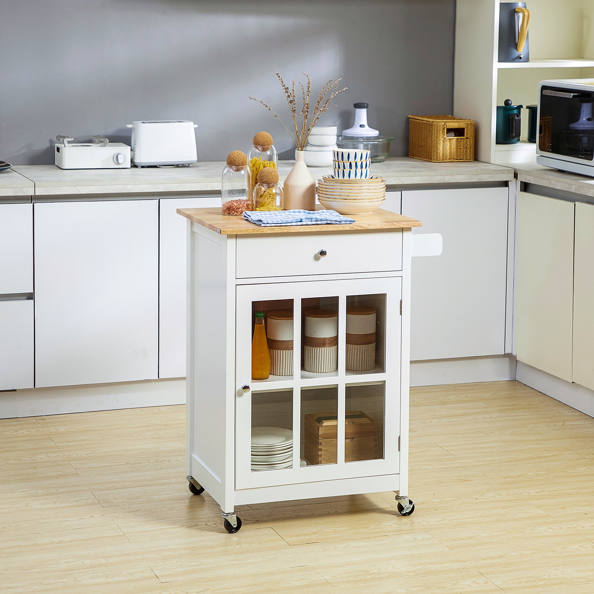 Homcom 27" Rolling Kitchen Island Cart With Drawer And Glass Door Cabinet, Kitchen Trolley With Adjustable Shelf And Towel Rack, White White Rubber Wood