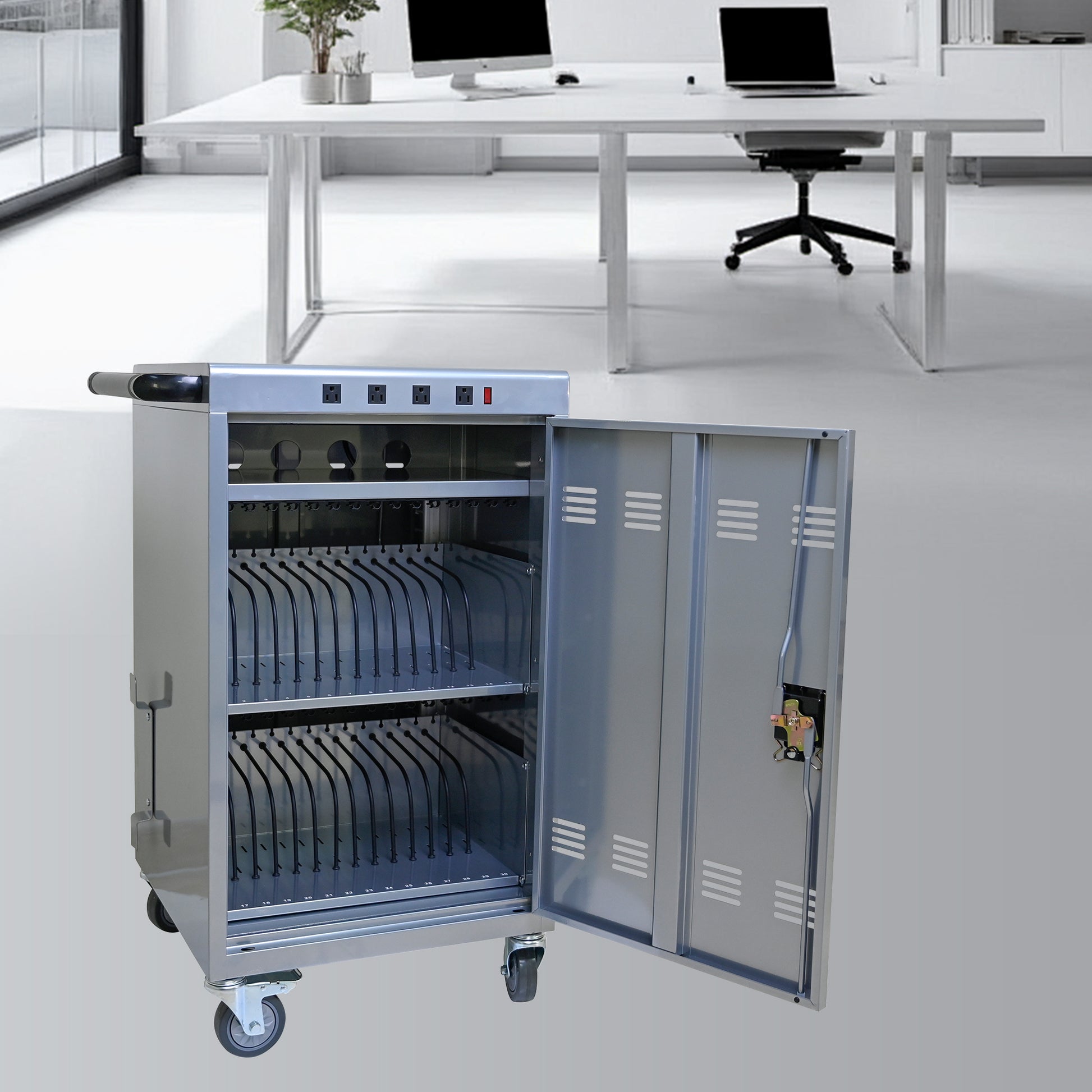 Mobile Charging Cart And Cabinet For Tablets Laptops 35 Device B30Plus Silver Silver Steel Metal