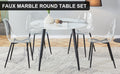 Table And Chair Set. Large Modern White Imitation Marble Patterned Round Table With Black Metal Legs. Nice Minimalist With Transparent Seats And Black Metal Legs. White Black Seats 4 Glass Metal