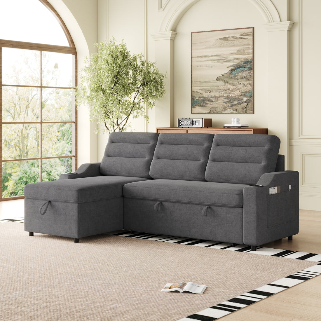 Mh83.5" Convertible Sleeper Combo Sofa, Convertible Sofa Bed Polyester Pullout Bed With Storage Recliner And Cup Holder For Living Room, Tight Spaces Dark Grey Polyester Wood Primary Living Space Pine Foam Fabric 3 Seat