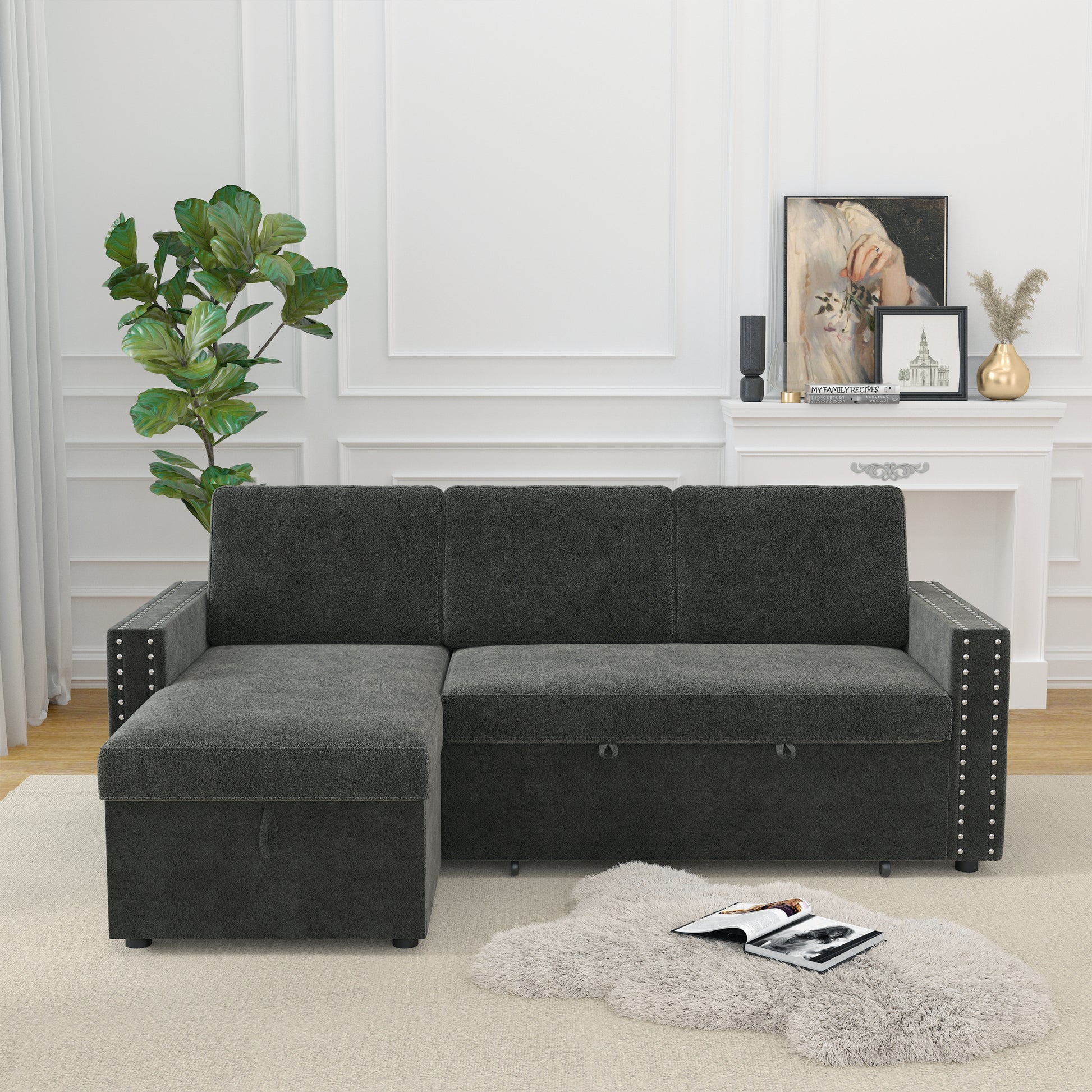 85 Inches Sofa Bed, 3 Seater Sleeper Sofa With Storage Chaise, Square Handrail With Pull And Copper Nail,Chenille Dark Grey, Pull Out Couch For Living Room Dark Grey Chenille 3 Seat